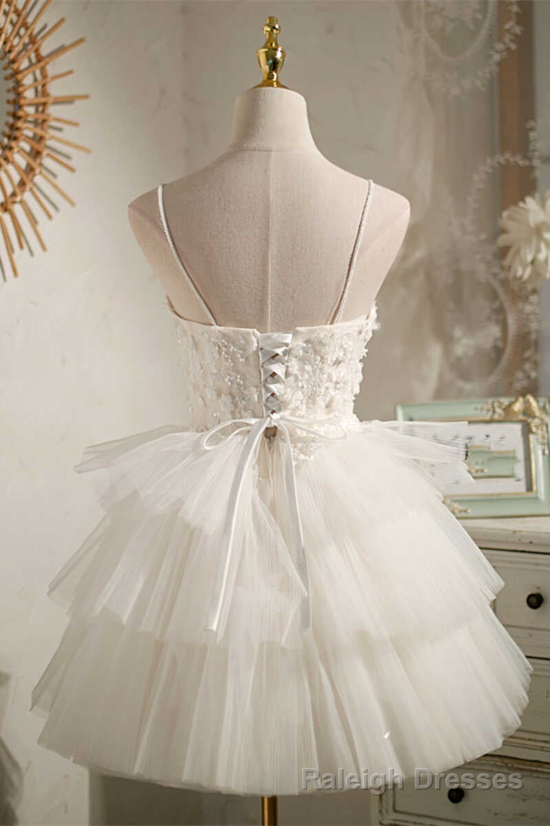 Multi-Tiered White Straps A Line Short Prom Dress