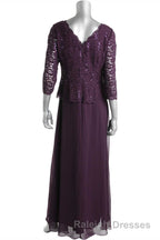 Two-Piece Plum Purple Long Sleeve Long Mother of the Bride Dress