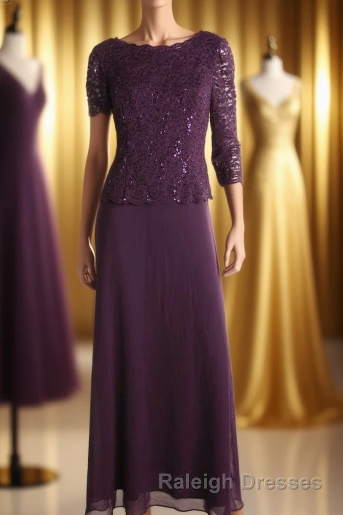 Two-Piece Plum Purple Long Sleeve Long Mother of the Bride Dress