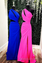 One Shoulder Keyhole Cutout Mermaid Long Prom Dresses with Slit