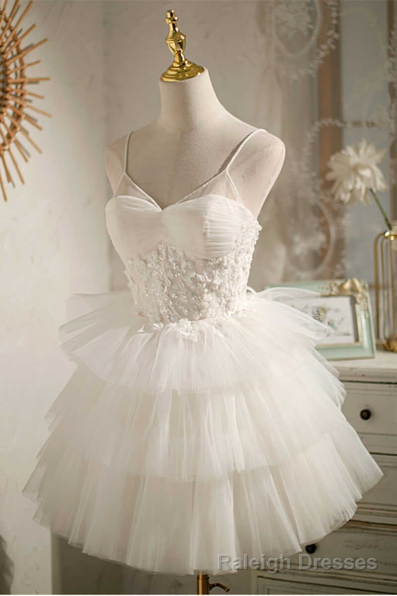 Multi-Tiered White Straps A Line Short Prom Dress