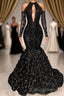 Black Sexy Keyhole Cool Shoulder Mermaid Flowers Prom Dresses
