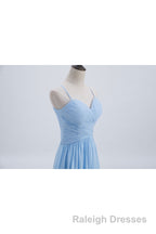 Blue Pleated Straps Chiffon Long Bridesmaid Dress