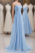 Blue Pleated Straps Chiffon Long Bridesmaid Dress