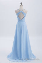 Blue Pleated Straps Chiffon Long Bridesmaid Dress