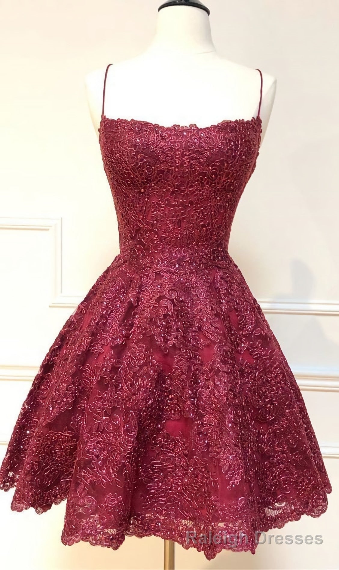 Formal Short Homecoming Dresses, Spaghetti Straps Cocktail Party Dresses, Burgundy Lace Homecoming Dresses, 2476 Main image