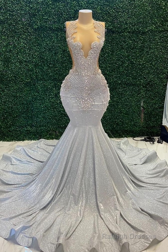 Mermaid Sparkle Silver Beaded Long Prom Dresses Main image