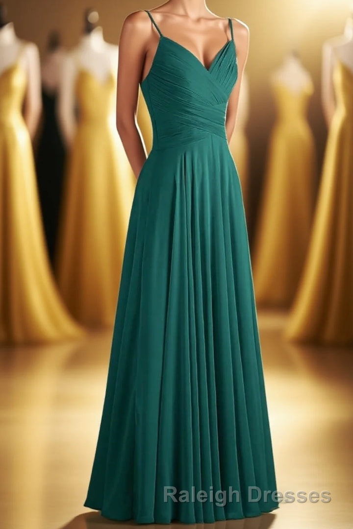 Hunter Green Chiffon V-Neck Spaghetti Straps A-Line Long Dress Main image