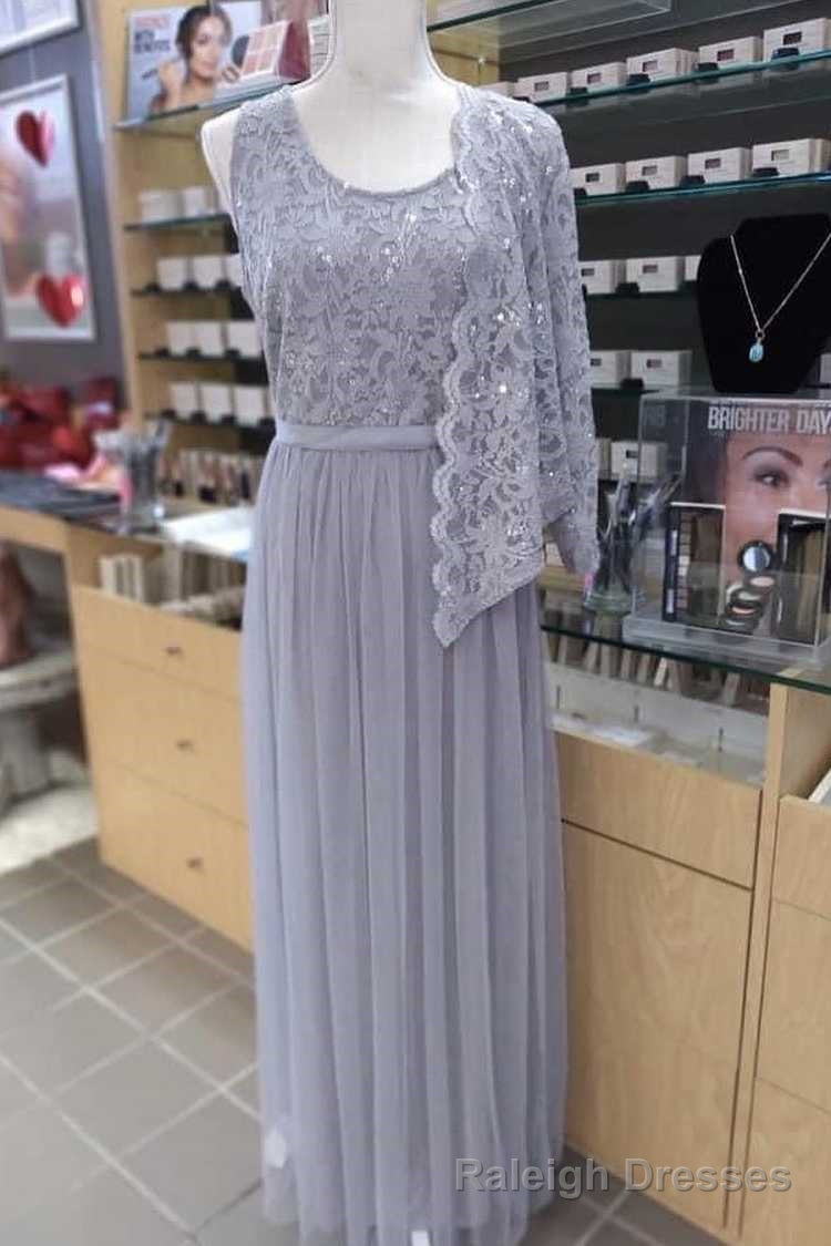 Two-Piece Grey Lace Chiffon Round Neck A-Line Formal Dress with Cardigan Main image