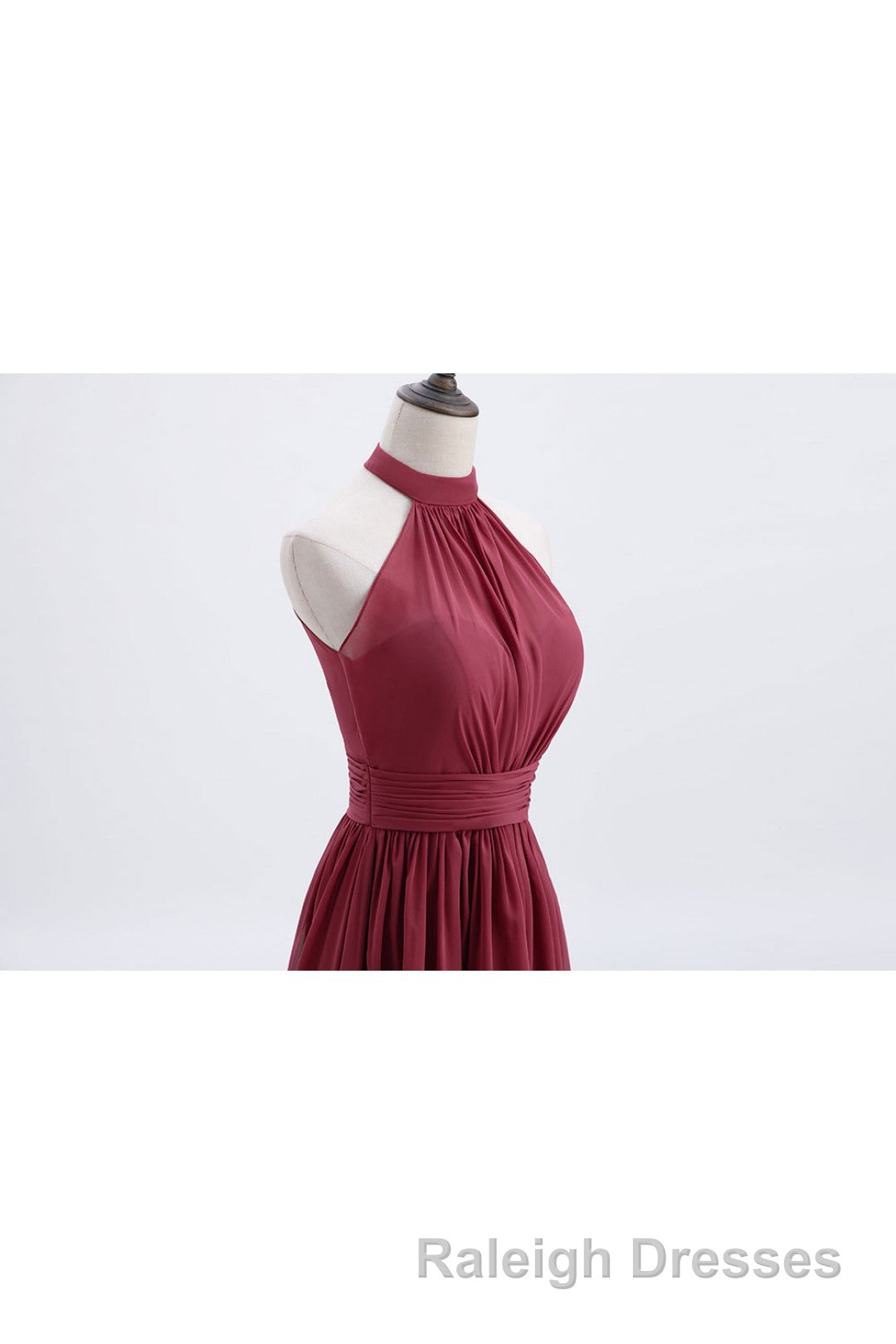 High Neck Burgundy Chiffon A Line Long Bridesmaid Dresses