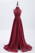 High Neck Burgundy Chiffon A-line Long Bridesmaid Dress