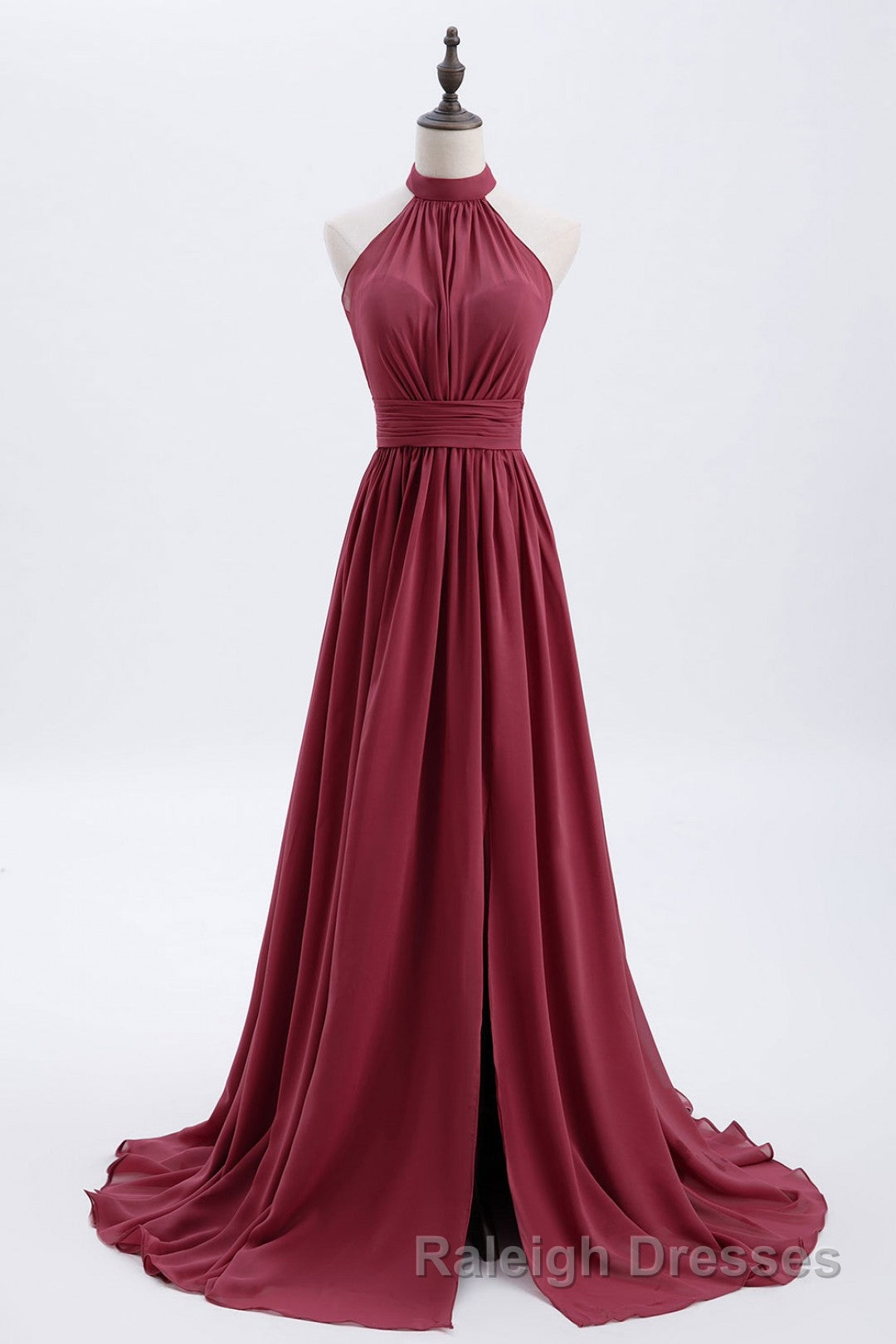 High Neck Burgundy Chiffon A-line Long Bridesmaid Dress