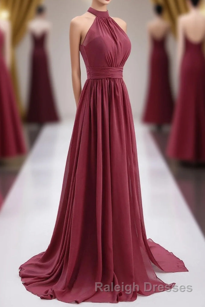 High Neck Burgundy Chiffon A-line Long Bridesmaid Dress Main image