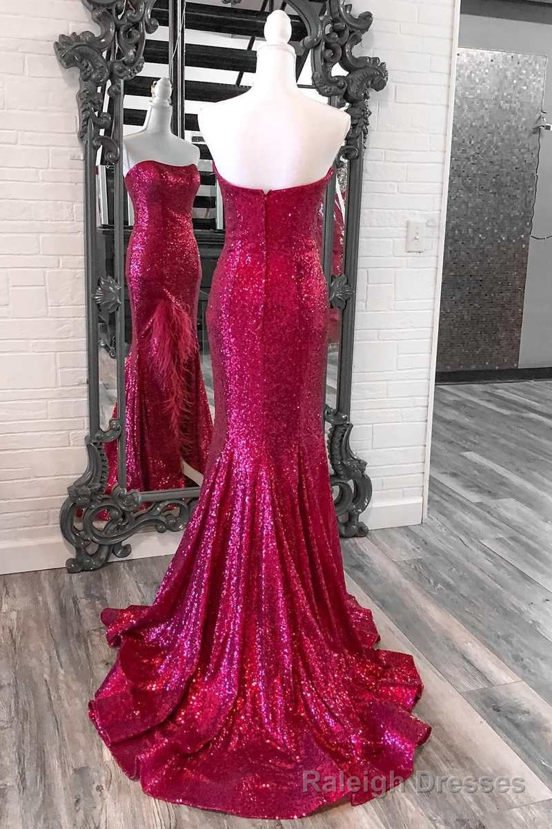 Fuchsia Sequin Feather Strapless Mermaid Long Prom Dress with Slit Secondary image