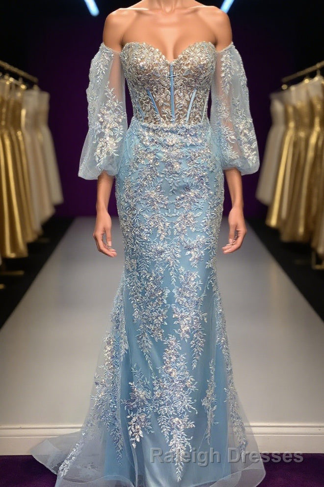 Light Blue Off-Shoulder Floral Appliques Mermaid Long Prom Dress