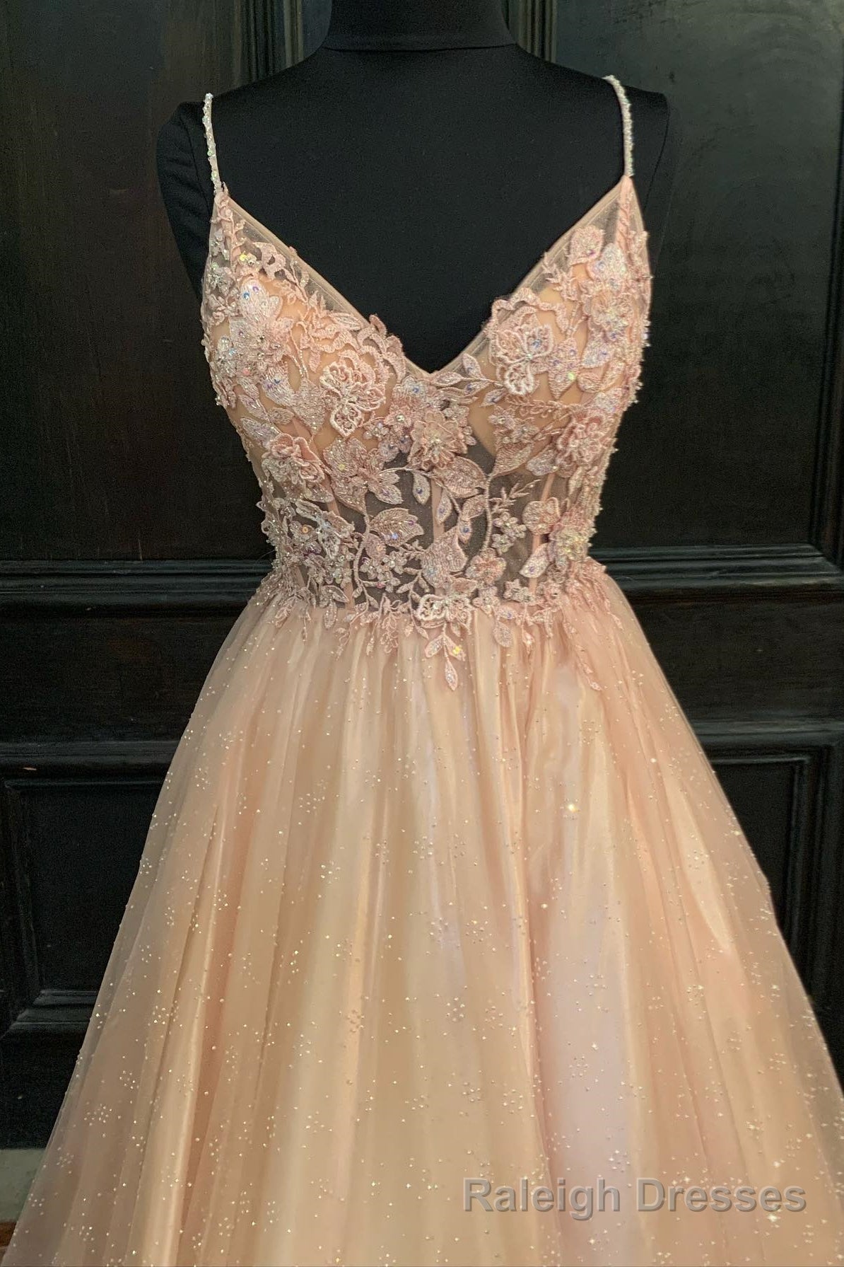 Blush Pink Appliques Straps V Neck A-line Long Prom Dress Secondary image