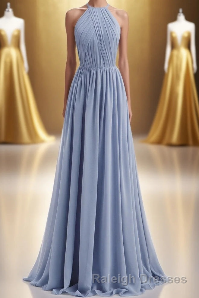 Misty Blue Scoop Chiffon A Line Long Bridesmaid Dresses