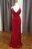 Red Sequin V-Neck Mermaid Long Formal Dress