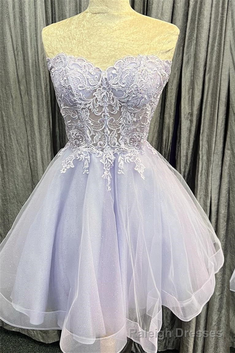 Lavender Strapless Appliques Tulle Lace-Up Homecoming Dress