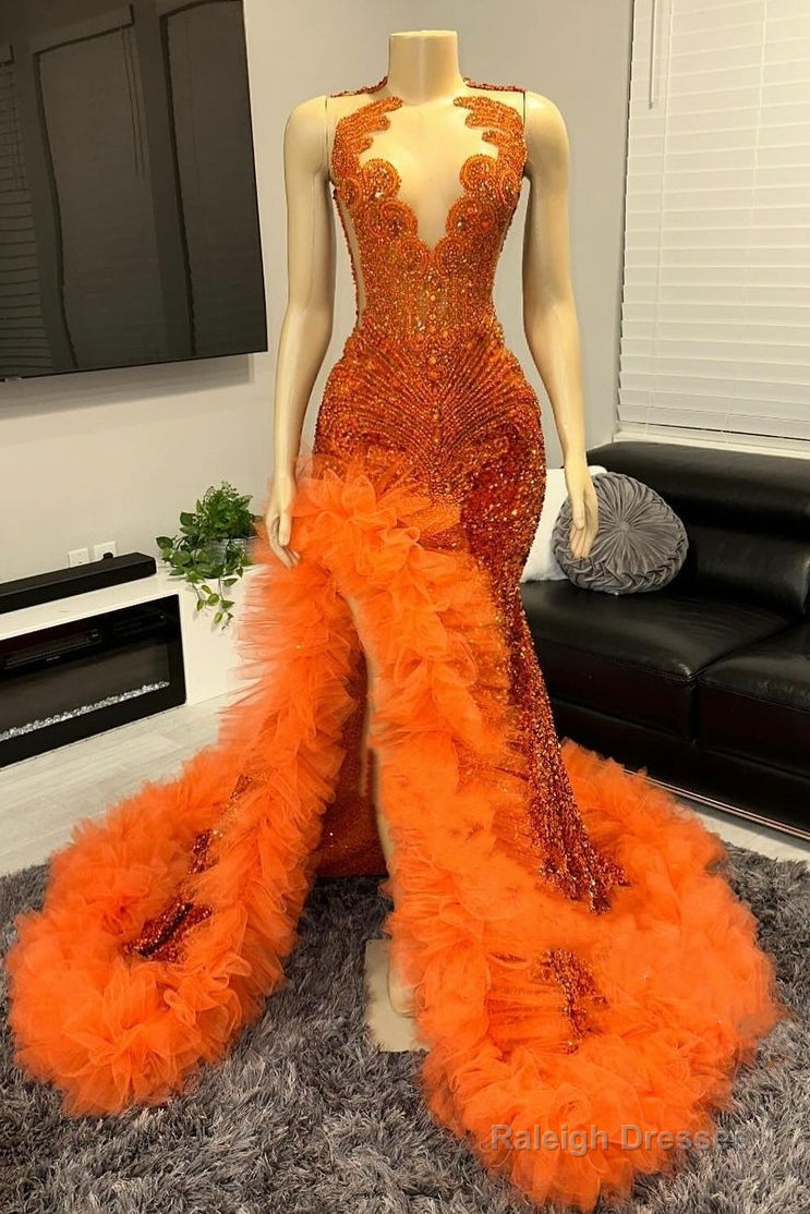 V-neck Orange Beaded Tulle Ruffles Sequin Prom Dresses Main image