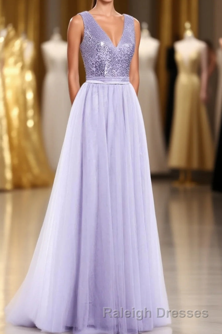 Lavender Sequin V-Neck Backless A-Line Long Dress Main image