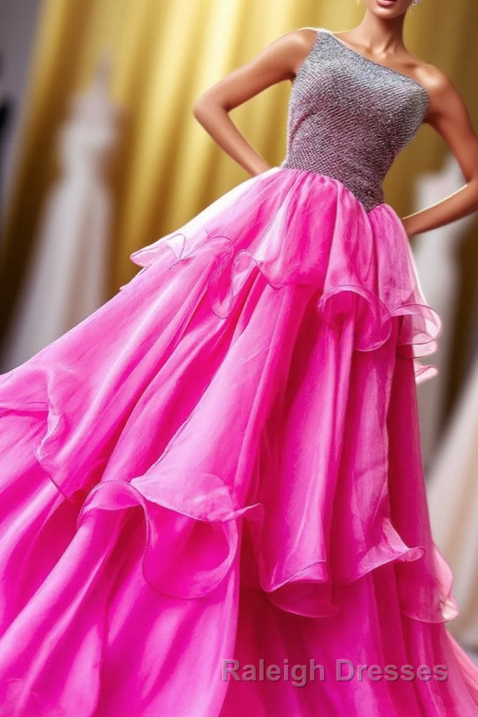 Hot Pink Beaded Top One Shoulder Layers Long Prom Dress Main image