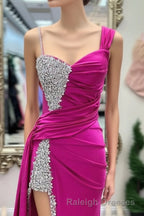 Asymmetrical Magenta Beaded Long Formal Dress with Attached Train