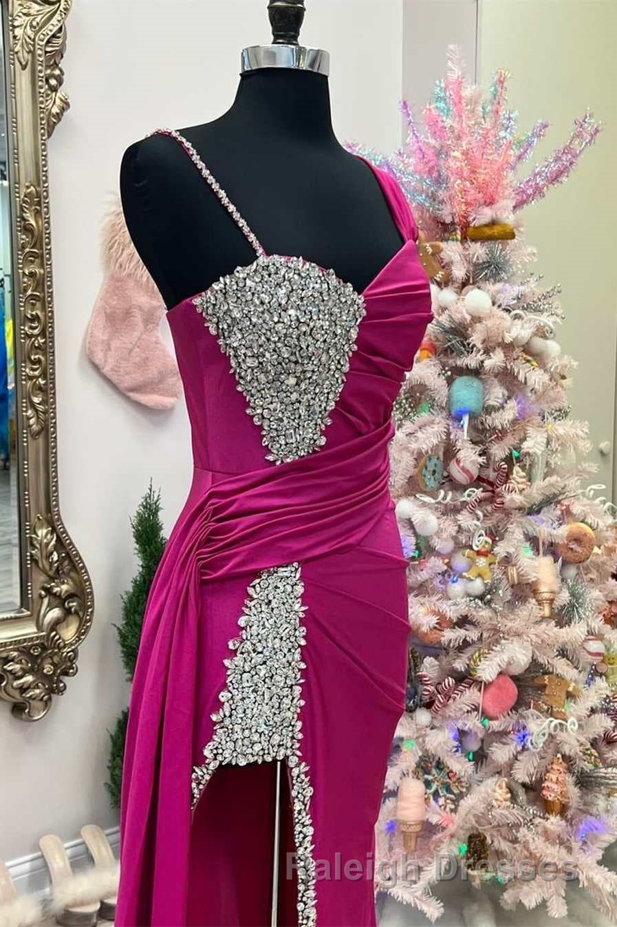 Asymmetrical Magenta Beaded Long Formal Dress with Attached Train Secondary image
