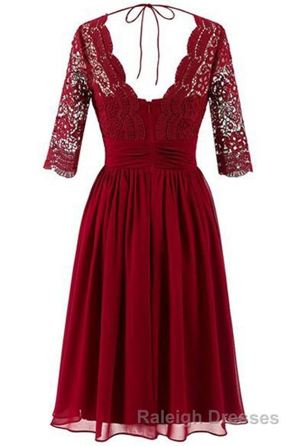 Burgundy A Line Knee Length V Neck 1/2 Sleeve Hollow Bridesmaid Dresses Secondary image