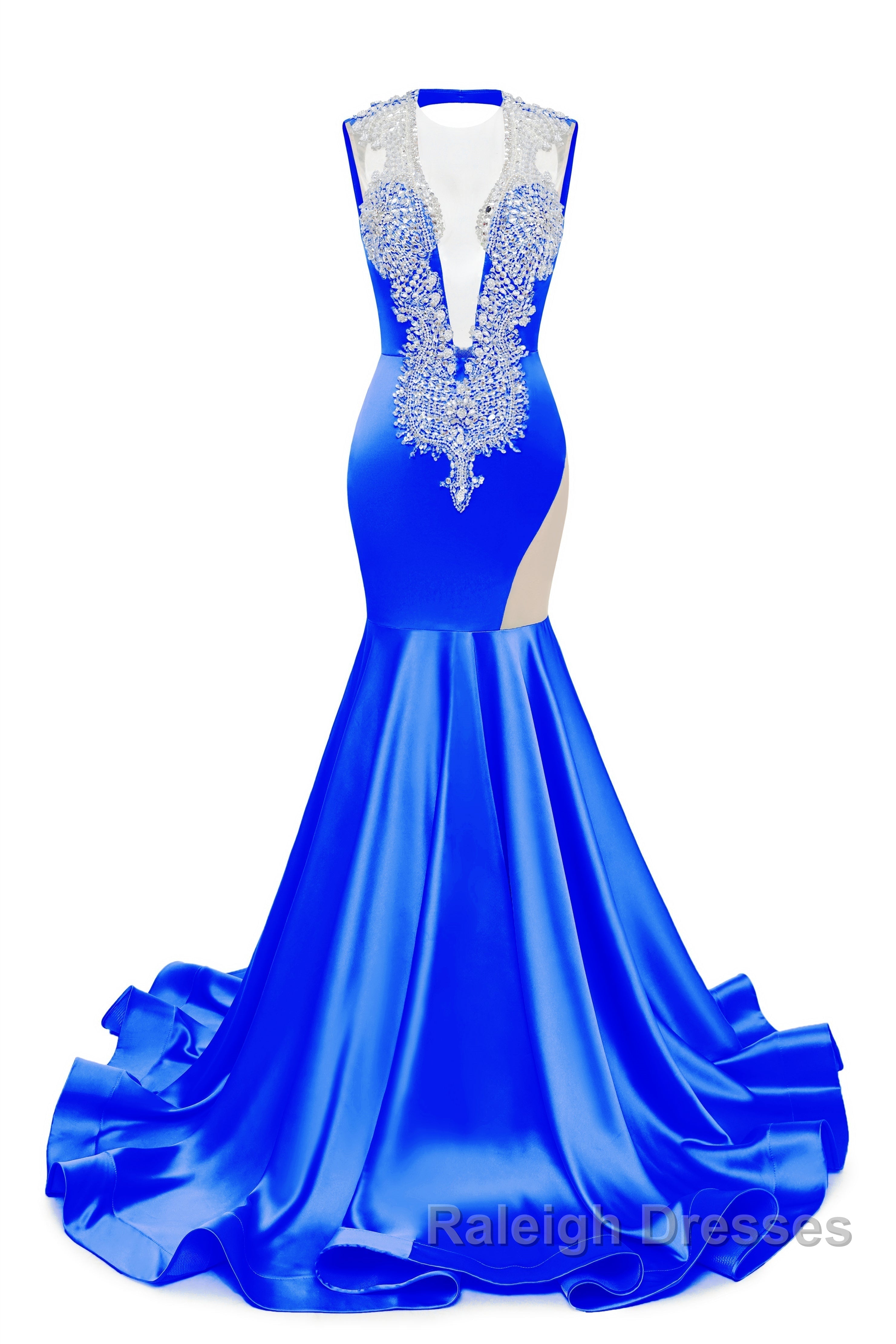 V Neck Mermaid Brush Train Hollow Sleeveless Beading Prom Dresses