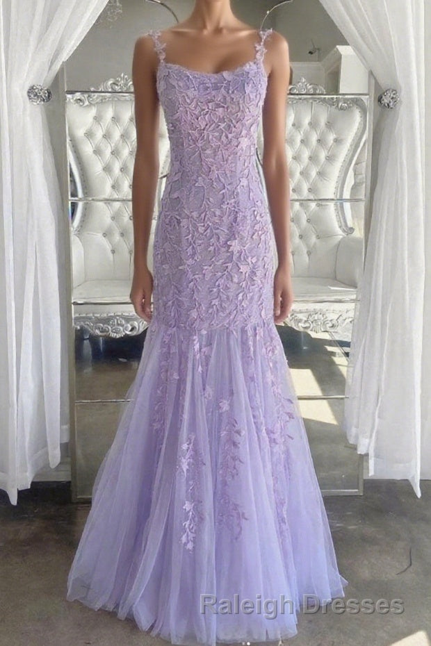 Lilac Spaghetti Straps Long Lace Tulle Evening Dresses Mermaid Appliques Prom Dresses Main image