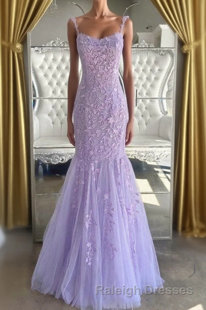 Lilac Spaghetti Straps Long Lace Tulle Evening Dresses Mermaid Appliques Prom Dresses Main image