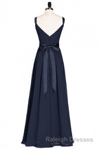 Navy Blue V Neck Tie-Back A Line Long Bridesmaid Dresses
