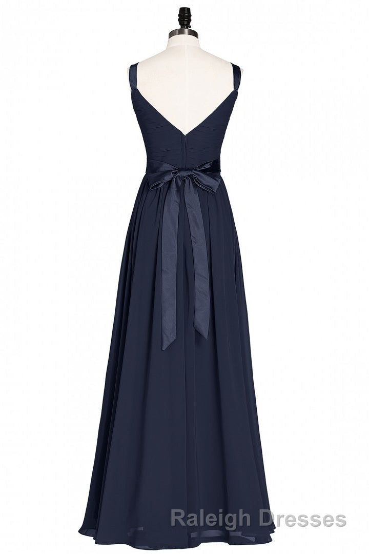 Navy Blue V Neck Tie-Back A Line Long Bridesmaid Dresses