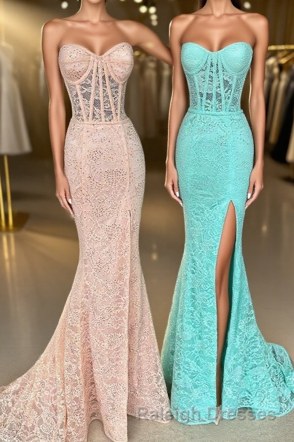 Mint Green Lace Strapless Mermaid Prom Dresses Long with Slit