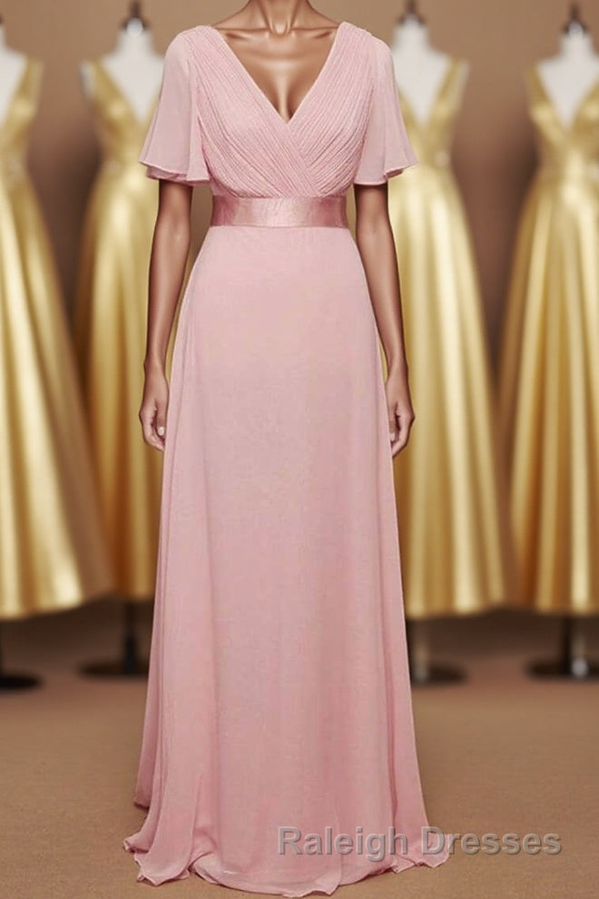 Pink V Neck Ruffled A Line Long Bridesmaid Dresses Main image
