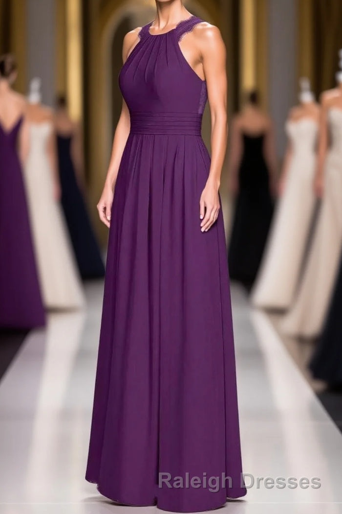 Magenta Chiffon Halter Cutout Back Long Bridesmaid Dress Main image