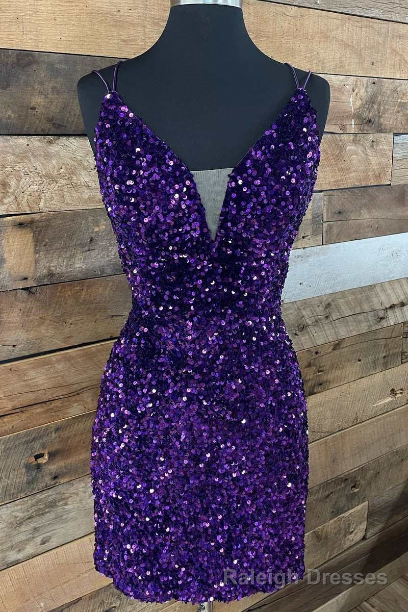Purple Sequin Plunge V Lace-Up Short Party Dress Main image
