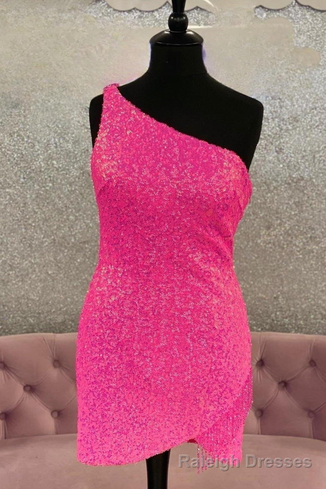 Hot Pink One Shoulder Sequins Straps Sheath Homecoming Dress with Tassels Main image