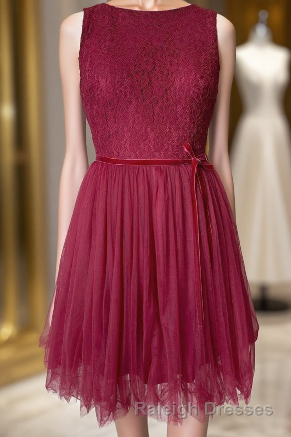 A-line Scoop Neck Tulle Lace Mini Bridesmaid Dress with Sash Main image