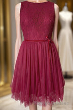 A-line Scoop Neck Tulle Lace Mini Bridesmaid Dress with Sash