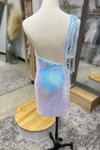 Light Blue Sequin One Shoulder Flowers Short Prom Dress