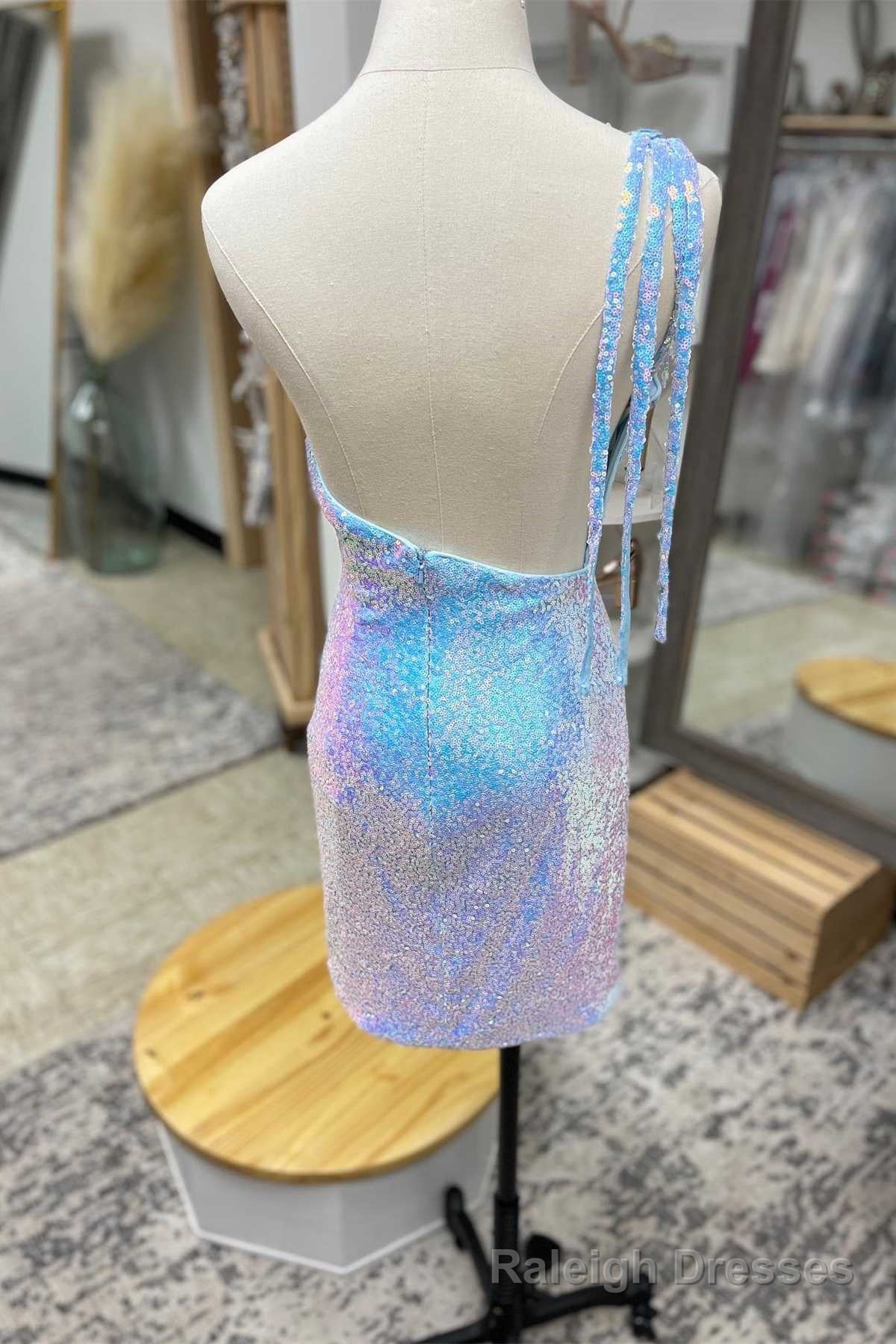 Light Blue Sequin One Shoulder Flowers Short Prom Dress