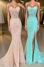 Mint Green Lace Strapless Mermaid  Long Prom Dress with Slit