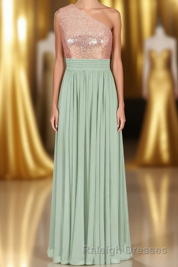 Rose Gold Sequins One-Shoulder Long Bridesmaid Dress Main image