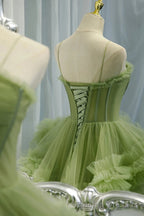Princess Spaghetti Straps Green Tulle Long  Dress A line Tiered Formal Dress