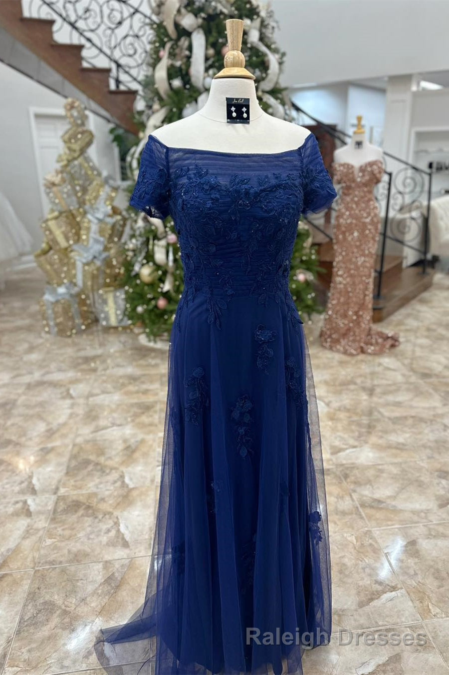 Dark Blue Off-Shoulder Floral A-line Long Mother of Brides Dress Main image