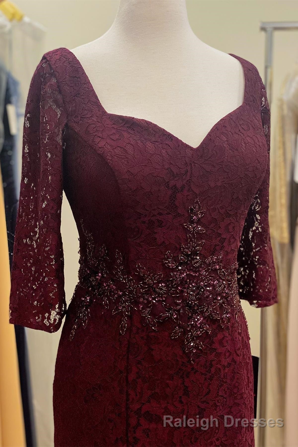 Burgundy Lace Beaded Half Sleeves Long Mother of Bride Dress Secondary image