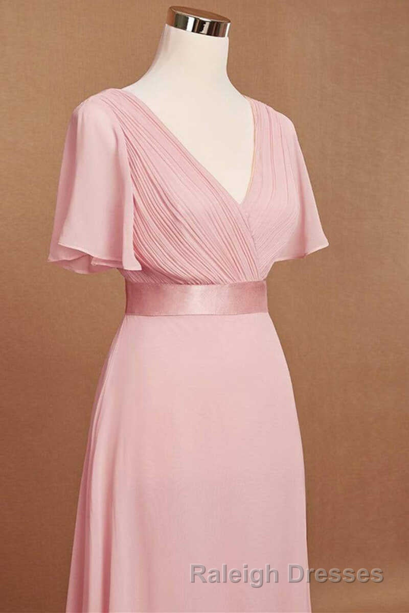 Pink V-Neck Ruffled A-Line Long Bridesmaid Dress Secondary image