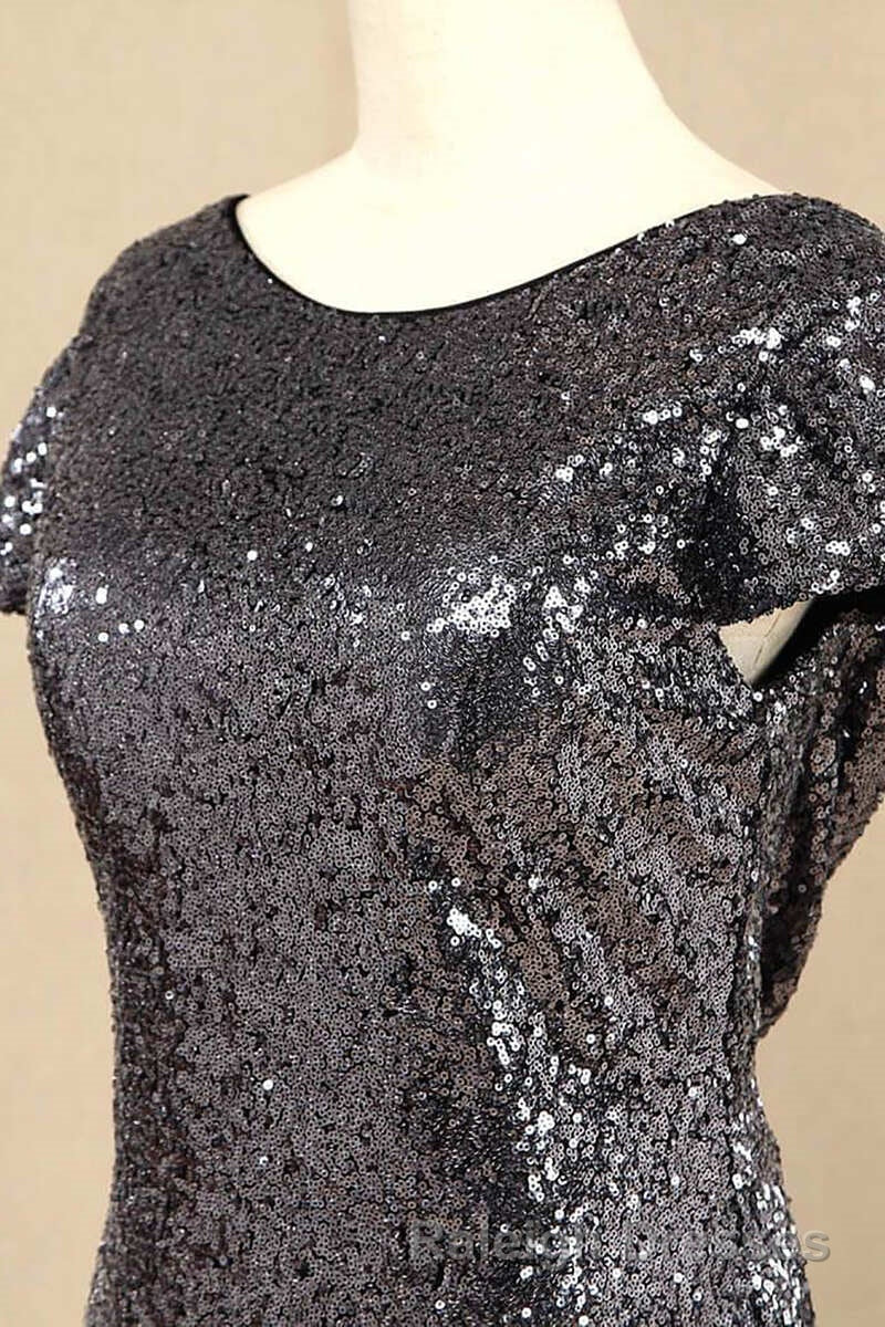 Black Sequin Cap Sleeve Backless Long Bridesmaid Dresses